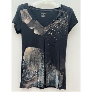 Express Black Tee Blue Gold Floral Print V Neckline Gold Matte Sequin Top